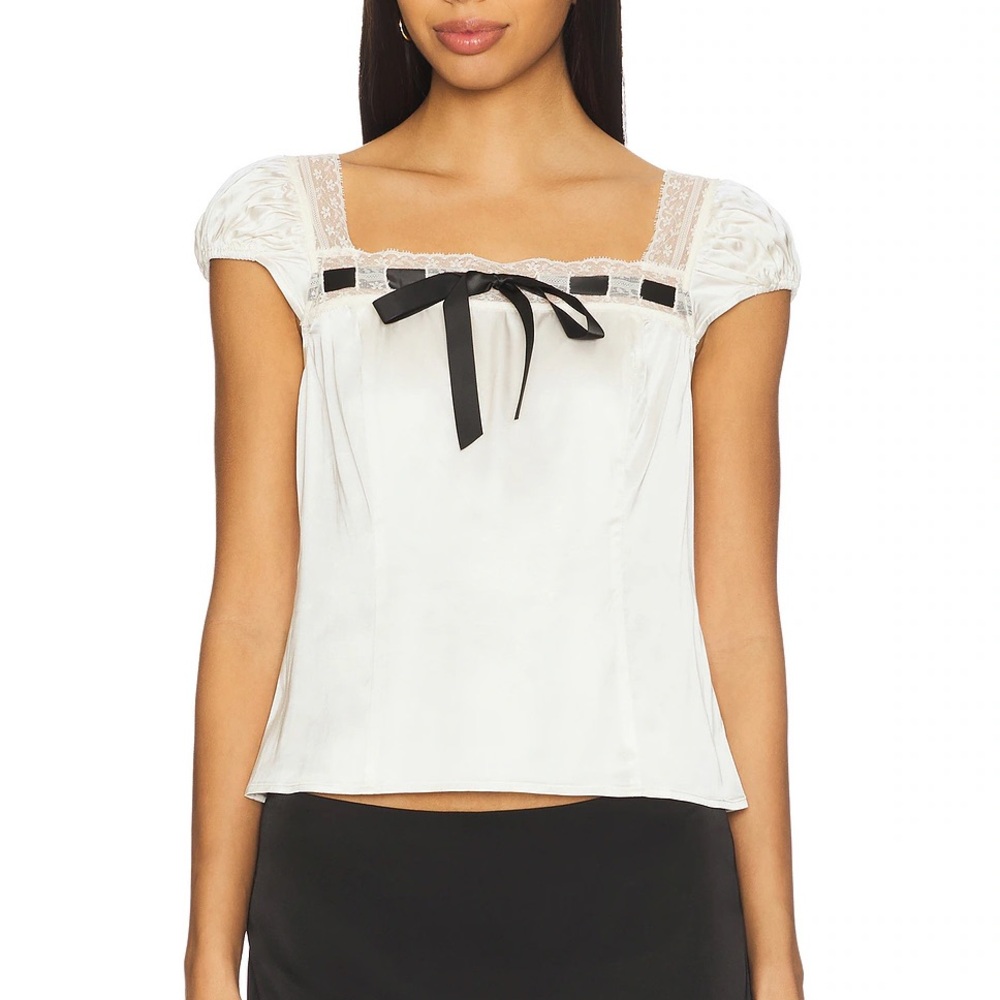 Tularosa Ivory Satin Lace-Trim Top with Black Ribbon Bow